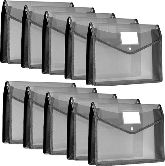 10 Pieces Plastic File Folders Envelope Expanding File Wallet Organizer Documents Folder with Snap Closure and Pocket, A4 Size Waterproof Transparent Pouch(Grey,Horizontal)