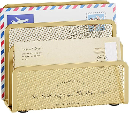 Marbrasse Mail Organizer for Desk, 3-Slot Mesh Metal Mail Holder countertop, Letter Holder, Office Desktop Envelope and Document Storage Rack (Gold)