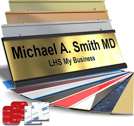 Personalized Name Plate with Choice of Mounting Holders for Walls, Doors, Cubicles, Hanging and More - Custom Brushed Brass Plastic Black Letters - USA Made 2x10 - M6