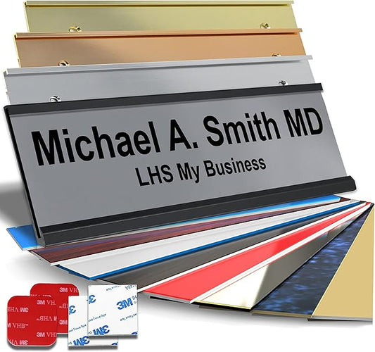 Personalized Name Plate with Choice of Mounting for Walls, Doors, Desk Holders, Cubicles, Hanging and More - Custom Gray Plastic Black Letters - USA Made 2x8 - B8