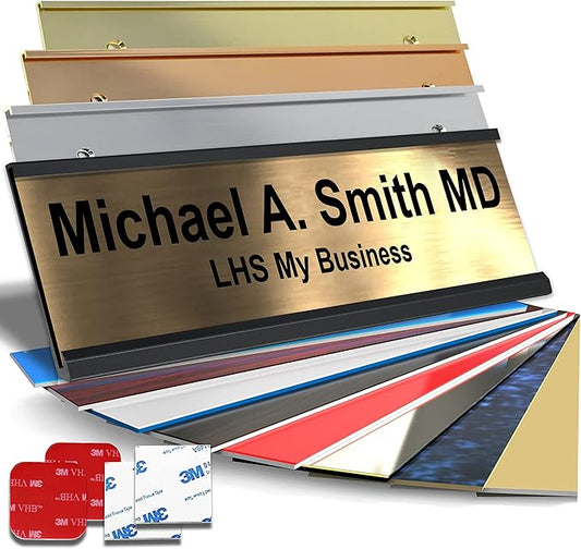 Custom Name Plate with Choice of Mounting for Walls, Doors, Cubicles, Hanging and More - Personalized Brushed Copper Plastic Black Letters - USA Made 2x10 - M5