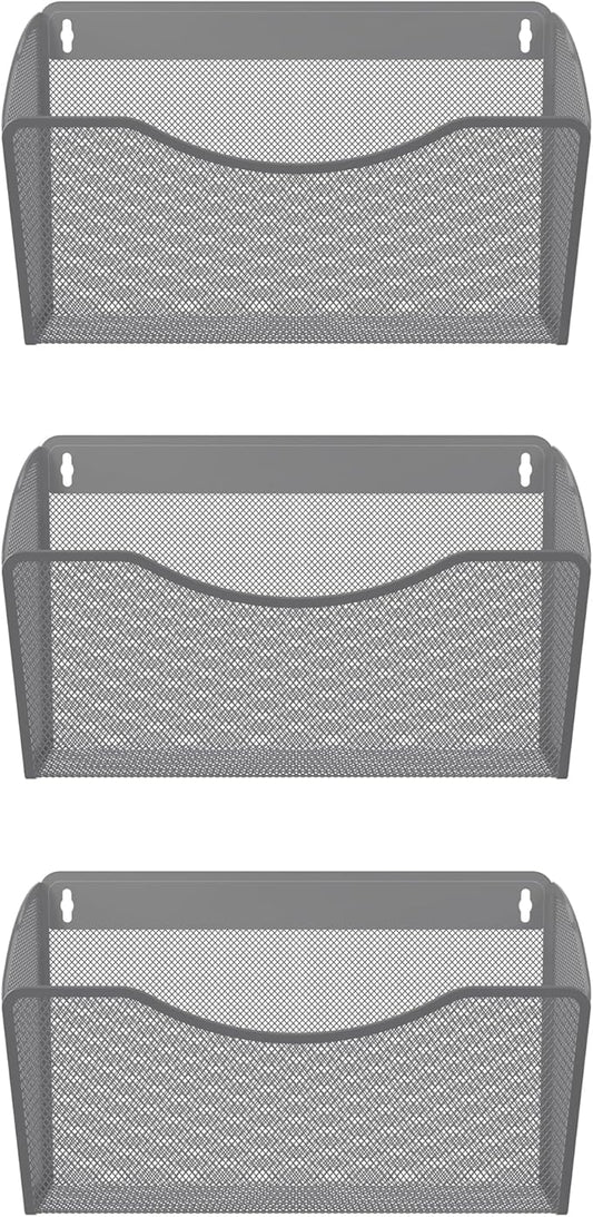 EasyPAG 3 Single Pocket Wall File Organizer, Mesh Hanging File Folder Organizer for Letter/A4 Size Folders, Wall Mounted Vertical Mail Holder for Paperwork, Office, Home, School, Silver