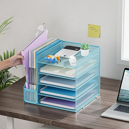 Marbrasse Desk Organizers and Accessories, 5-Tier Paper Letter Tray Organizer with File Holder, Mesh File Organizer, Office Desk Accessories & Organization for Supplies (Blue)
