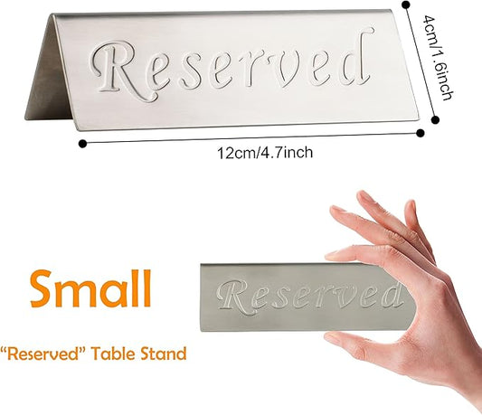 Reserved Sign - Brushed Stainless Steel Free Standing Table Top Compliance Sign - Double Sided - 4.7 By 1.6 Inch - Set of 2 - Silver