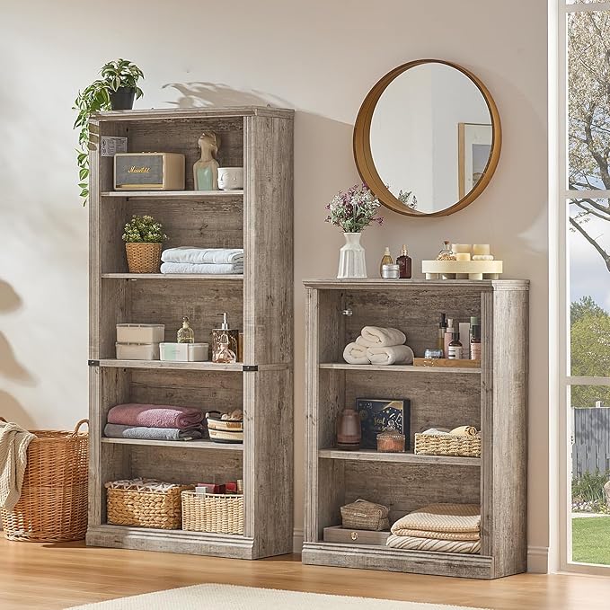 RWYHG 43" Grey Tall Bookshelf,3-Tier Thick Wooden Book Shelf with Adjustable Shelves,Free Standing Farmhouse Bookcase with Open Display Storage,Floor Vintage Bookshelves for Living Room,Office