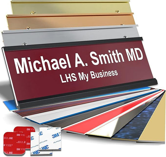 Personalized Name Plate with Choice of Mounting for Walls, Doors, Desk Holders, Cubicles, Hanging and More - Custom Burgandy Plastic White Letters - USA Made 2x8 - B26