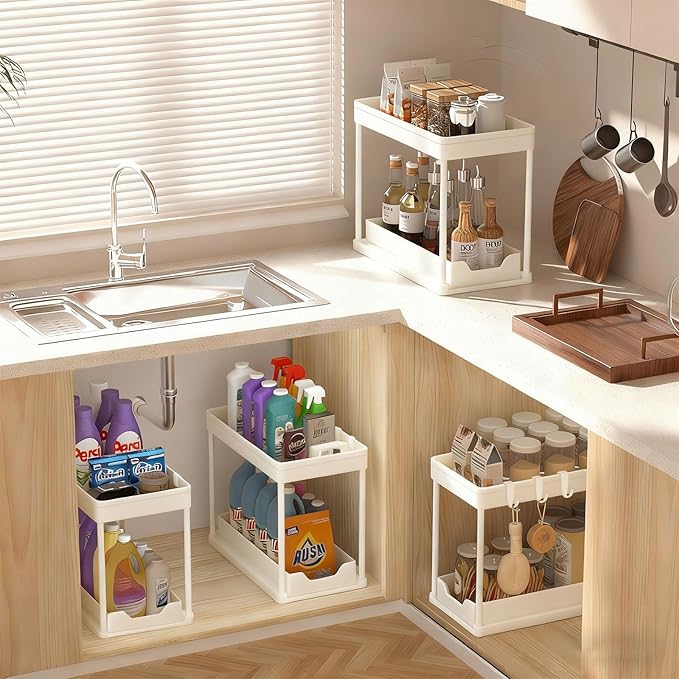 APWNRJA Under Sink Organizers and Storage 2 Pack, Pull-Out Sliding Cabinet Organizer with 2-Tier Storage Shelf & 4 Hooks, Multi-Purpose for Kitchen & Bathroom (13 Inch, White)
