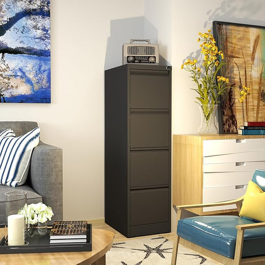 Reegangfa 4 Drawer File Cabinet with Lock, 18" D Metal Vertical Filing Cabinets, Steel File Storage Cabinets for Home Office, Hanging A4 Legal/Letter Size Narrow File Cabinet, Assembly Required