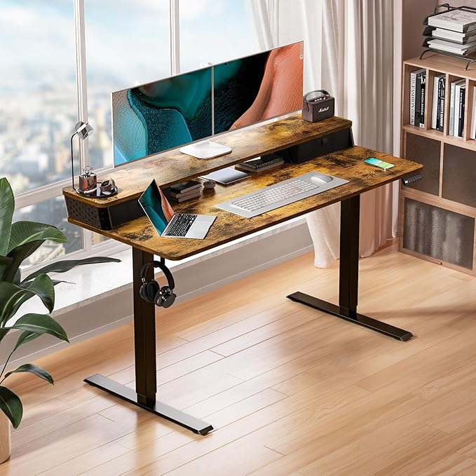 Kingant 55 x 24 Inch Electric Standing Desk with Dual Drawers, Height Adjustable Sit to Stand Computer Desk with Storage Shelf and C-Clamp Mount Compatibility for Home Office, Rustic Brown