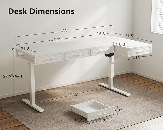 OffiGo L Shaped Electric Standing Desk with Wooden Drawers, 63 Inch Height Adjustable Corner Workstation with Power Outlets, Sit Stand Table for Home, Office, White