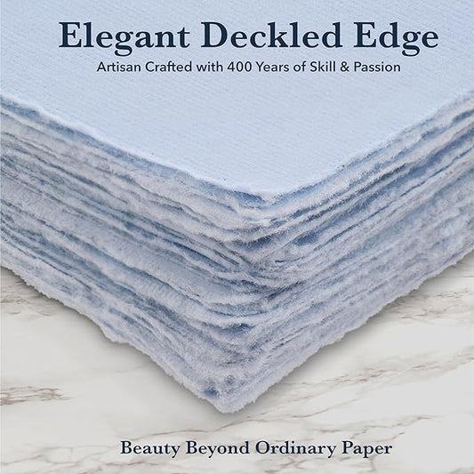 Wanderings 50 Pack Blue A6 Handmade Deckled Edge Cotton Paper - Cold Pressed Texture - Paint, Watercolor, Writing, Printer - Cards, Wedding Invitations, Menus, Arts and Crafts. 150gsm - 10.5x15 cm