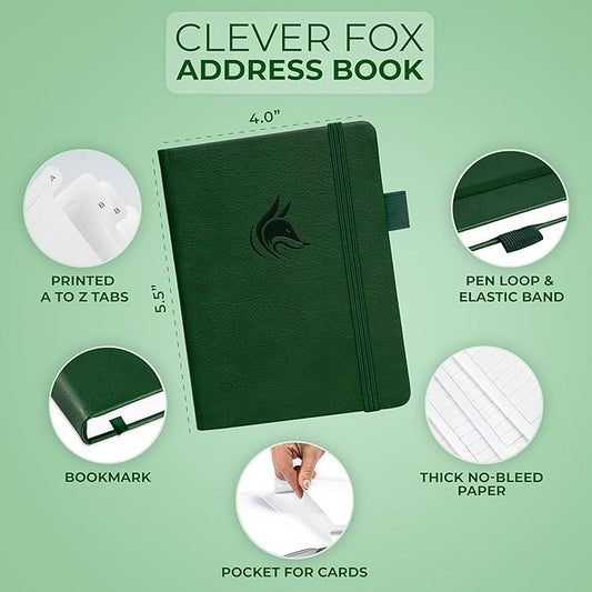 Clever Fox Address Book with alphabetic tabs - PU Leather Telephone and Address Book for Keeping Contacts Safe, Contact Organizer Journal, Small Size (4.0″ x 5.5″), Hardcover, Forest Green