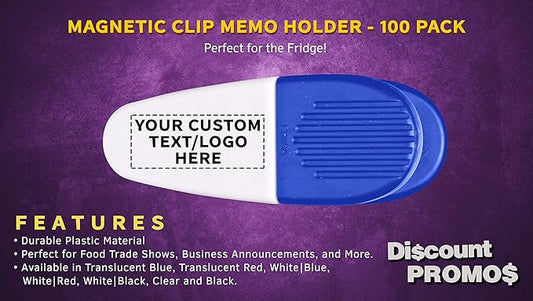 100 Magnetic Memo Holders Set - Customizable Text, Logo - Large Clip, Plastic - White Blue