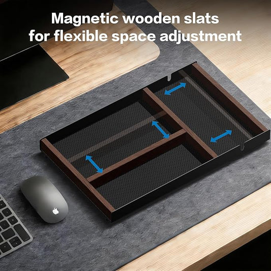 Laetass Desk Drawer Organizer Tray With Removable Magnetic Wooden Strip,Freely Adjustable Space,Made of Aluminum and Walnut,Valet Tray for Mens,Desk Accessories for Office/Home/Nightstand
