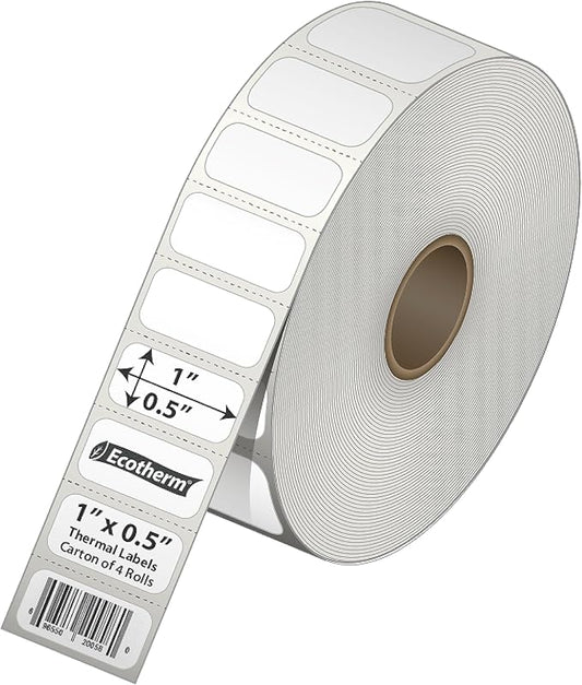 1" x .5" Thermal Labels | 4 Rolls | 9800 Labels | fits Zebra, Godex, Arkscan, iDPRT, Offnova Thermal Label Printers and More | Blank White Adhesive Stickers by Ecotherm