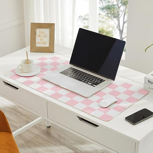 Ohocut Checkered Desk Mat, Large Cute Aesthetic Retro PU Leather Computer Laptop Desk Mat, Non-Slip Waterproof Mouse Keyboard Pad, Desk Writing Mat for Work/Home (Pink, 23.6" x 13.7")