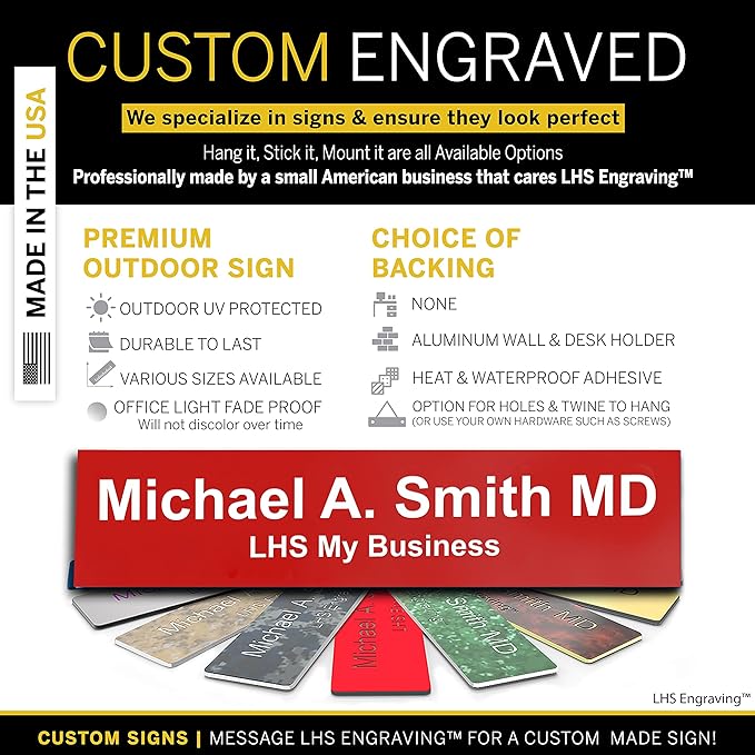 Engraved Door Signs for Office Personalized Red Plastic Door Plaque White Letters - Made in USA 2x8 B7