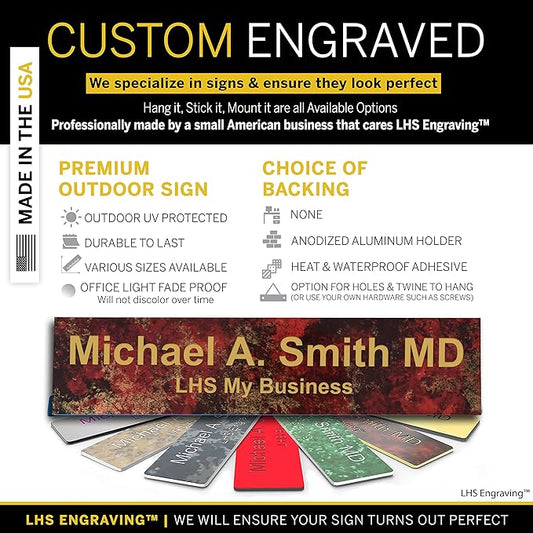 Custom Name Plate with Choice of Mounting for Walls, Doors, Cubicles, Hanging and More - Personalized Rustico Granite Plastic Gold Letters - USA Made 2x10 - S7