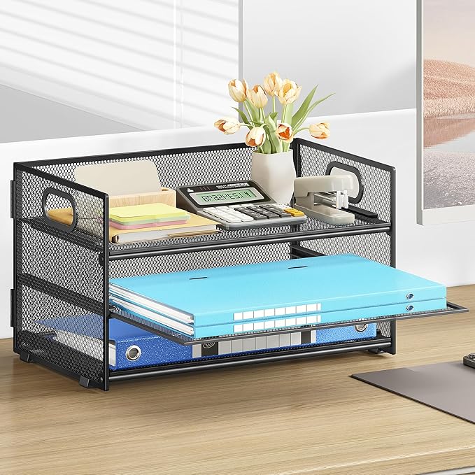 Subekyu 3 Tier Paper Letter Tray Organizer for Desk, Black Metal Mesh Desk File Folder Sorter Organizer with Handle and Sliding Tray for Home, Office, School Supplies Organization Storage