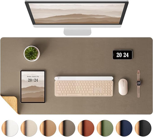 Aothia Dual-Sided Desk Mat - Leather & Cork Desk Protector, Large Mouse Pad & Writing Pad for Office/Home, Coffee (25.6"x13.7")