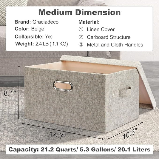 Graciadeco Medium 15" 21 Quart Collapsible Stackable Storage Bins with Lids, 3 Packs Beige Foldable Fabric Closet Boxes Heavy-duty Linen Cube Baskets Container for Bedroom Office (15 x 11 x 8)