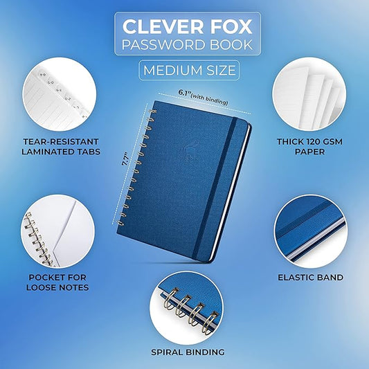 Clever Fox Password Book Spiral – Internet Address & Password Organizer with Laminated Alphabetical Tabs – Password Keeper Journal – Hardcover, Medium Size, 6.1x7.7” (Mystic Blue)