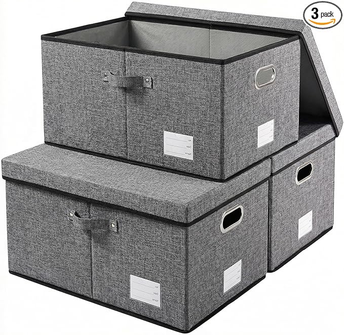 PRANDOM Storage Bins with Lids [3-Pack] Linen Fabric Foldable Storage... (Grey..