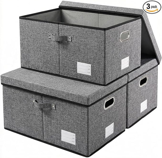 PRANDOM Storage Bins with Lids [3-Pack] Linen Fabric Foldable Storage... (Grey..