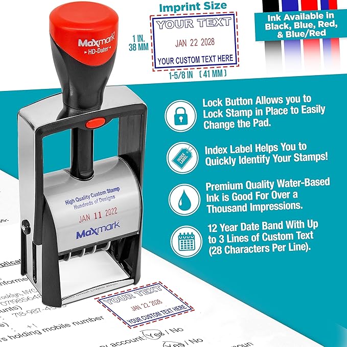 MaxMark Heavy Duty Self Inking Date Stamp with Phrase Mailed - Red Ink