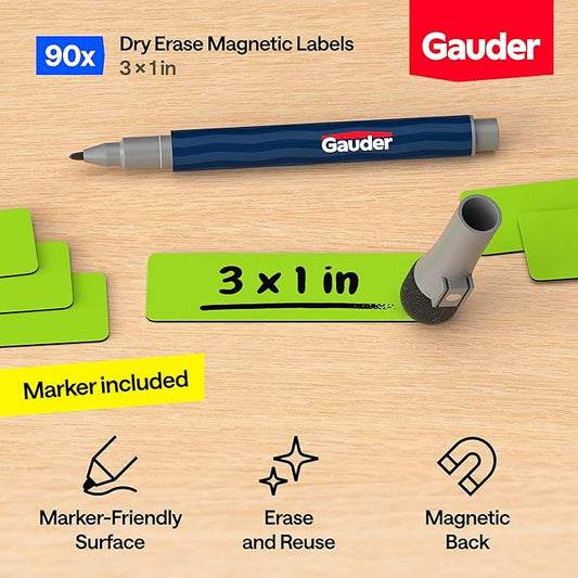 GAUDER Magnetic Labels Writable - Reusable Magnet Tags for Whiteboard, Chalkboard, Kanban Board and Refrigerator - Magnet Cards with Marker (90 Pack - 3 x 1 Inches)
