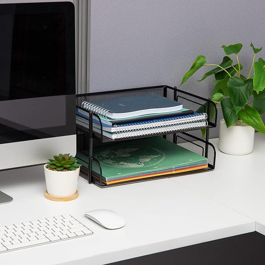 Mind Reader Stackable Paper Tray, Desktop Organizer, File Storage, Office, Metal Mesh, 13.5" L x 10" W x 7.25" H, 2 Pcs., Black