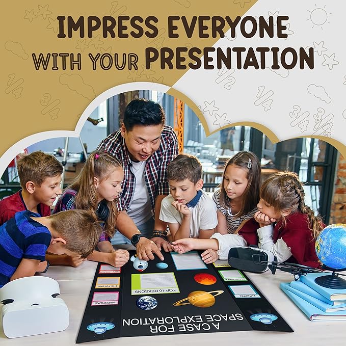 White Trifold Presentation Board 36" x 48" (Pack of 2) Self-Adhesive Science Subtitles Included - Display Exhibition Board Lightweight and Portable with Smooth Surface - By Emraw