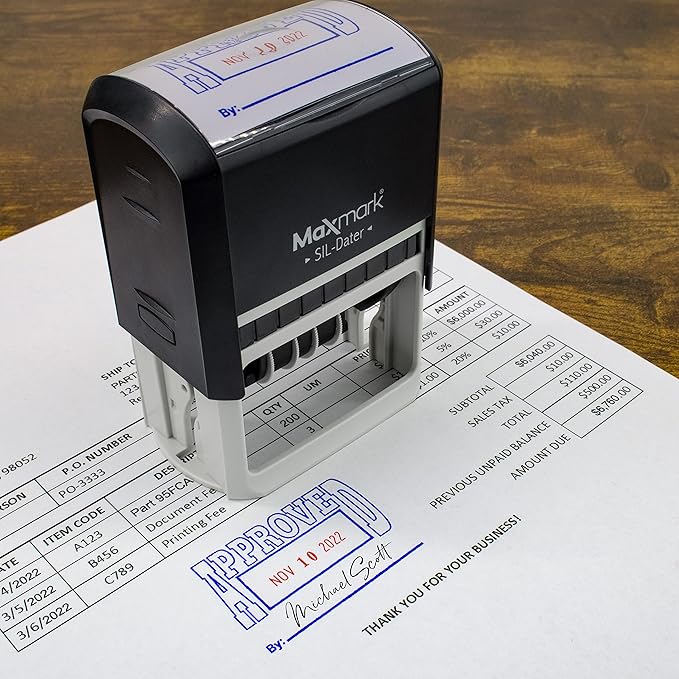 MaxMark Large Self-Inking Rubber Date Office Stamp with Deposited Phrase & Date - Red Ink, 12-Year Band - Style 5