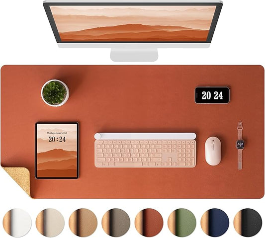 Aothia Dual-Sided Desk Pad - Leather Desk Mat, Natural Cork Desk Pad Protector, Large Mouse Pad for Desk, Waterproof Desk Blotter Pad, Desk Writing Pad for Office Work/Home, Maple Brown (25.6"x13.7")