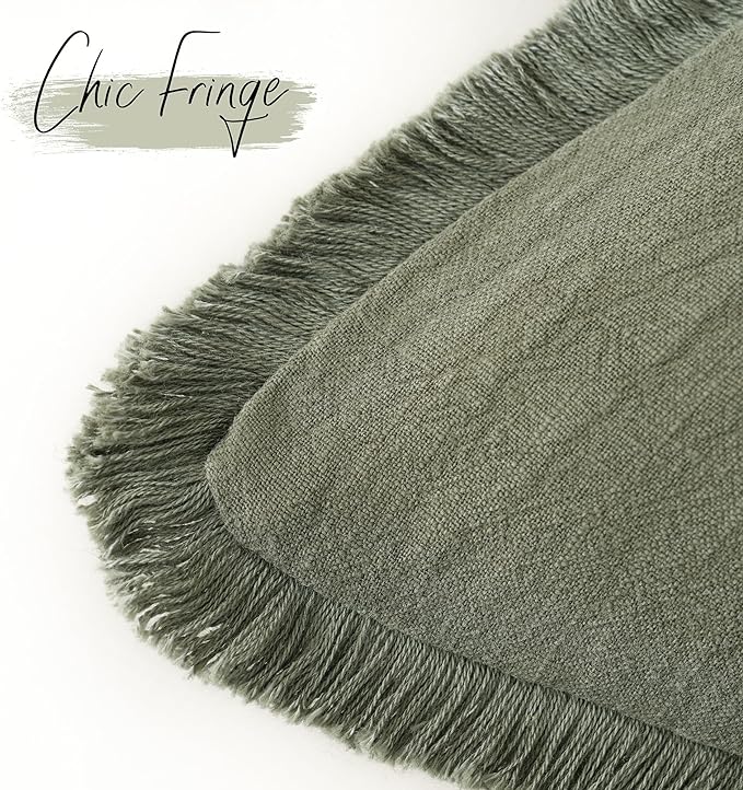 Foindtower Set of 2 Decorative Linen Fringe Throw Pillow Covers Cozy Boho Farmhouse Cushion Cover with Tassels Soft Accent Pillowcase for Couch Sofa Bed Living Room Home Decor, 22×22 Inch, Olive Green