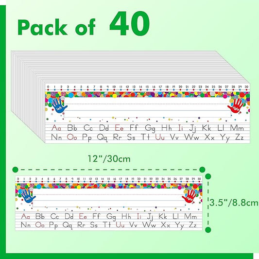 40 PCS Desk Nameplates, Waterproof Confetti Desk Name Tags with Alphabet, Number Line 1-30 Erasable and Reusable Traditional Manuscript Name Plate for Classroom School Student (12” x 3.5”)