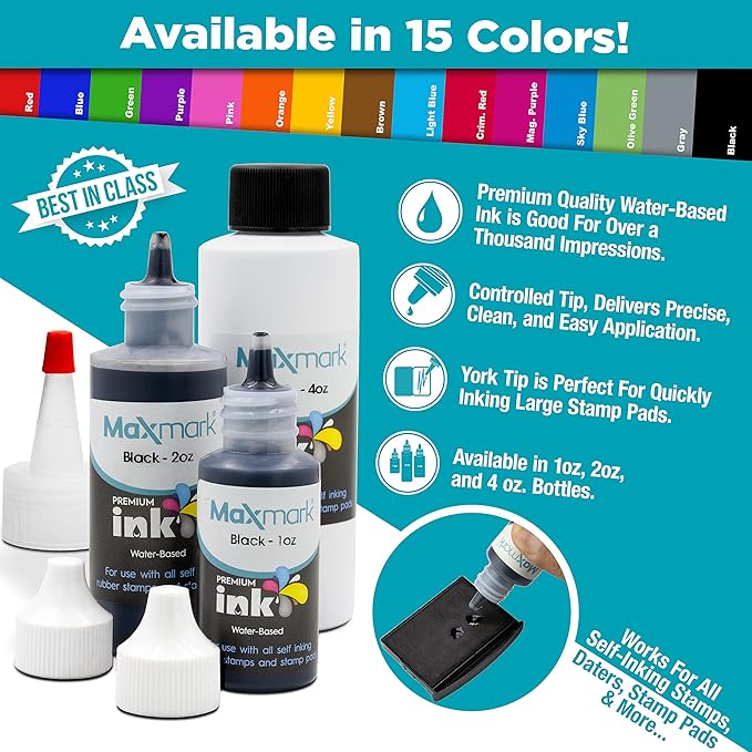 MaxMark Premium Refill Ink with Control Tip Bottle for Self-Inking Stamps, Magenta Purple Color - 1 oz.
