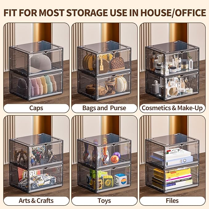 TOFWOF 10 Pack XX Large Shoe Organizer, Heavy-Duty Hard Thicken Plastic Clear Stackable Shoe Storage Box Organizer for Closet, Space-Saving Shoe Rack Display Case Bin Containers for Sneakers, Grey