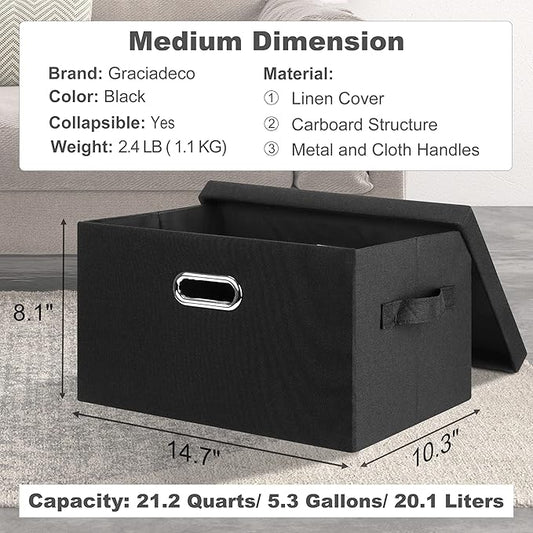 Graciadeco Medium 15" 21 Quart Collapsible Stackable Storage Bins with Lids, 3 Packs Black Foldable Fabric Closet Boxes Heavy-duty Lidded Linen Cube Basket Container Organizer and Storage for Bedroom