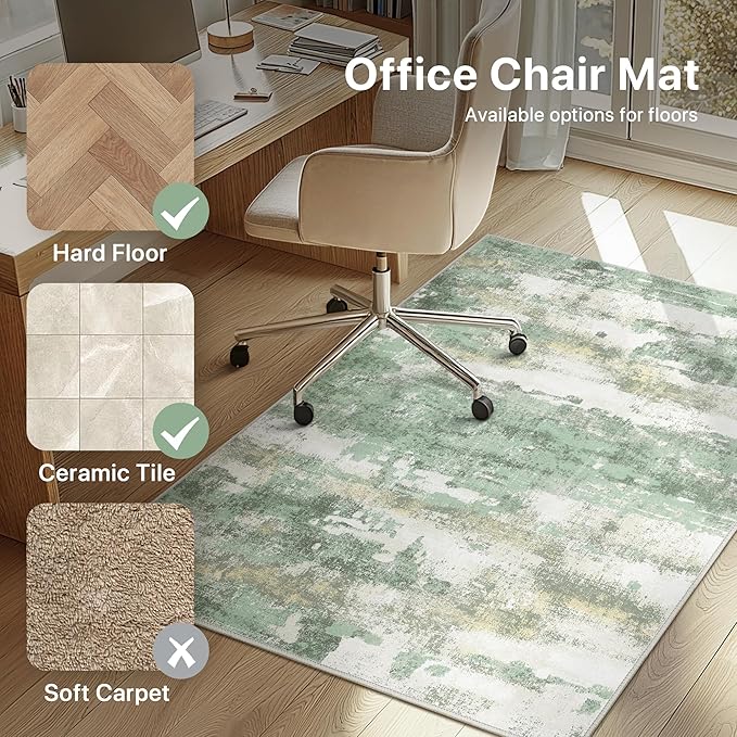 Office Chair Mat for Hardwood Tile Floor, Abstract 48"X 72" Desk Mats for Office Chair on Rolling Chairs Carpet, Desk Anti-Slip 1/5" Thick Rug for Computer Chair, Thin Low-Pile Floor Mat, Green