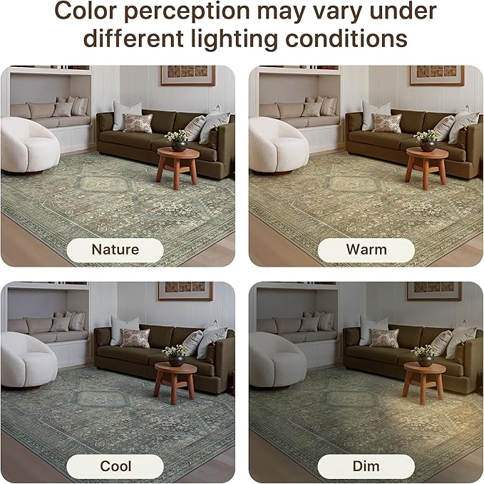 GENIMO 8x10 Area Rugs for Living Room, Machine Washable Non Slip Rugs, Low Pile Lightweight Vintage Print Rug for Bedroom, Dining Room, Home Office, Sage/Blue