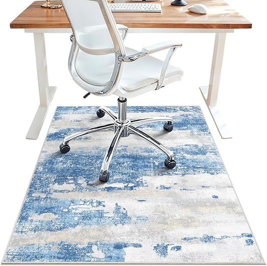Office Chair Mat for Hardwood Tile Floor, Abstract 36"X 48" Desk Mats for Office Chair on Rolling Chairs Carpet, Desk Anti-Slip 1/5" Thick Rug for Computer Chair, Thin Low-Pile Floor Mat, Blue Cream