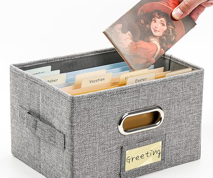 Remowith Greeting Card Organizer and Storage Box with 20 Pcs Adjustable Dividers, Storing Cards with 84 Pcs Labels Perfect for Storing Greeting Cards, Envelopes, Photos 2 Pack Grey