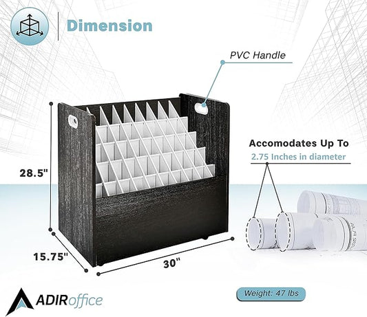 Adir Blue Print Storage Organizer - Mobile Roll File Cart, Construction Plan Holders, Blueprint Cabinet with Wheels, Roll Files Storage for Office and Home (50 Slots, Black)