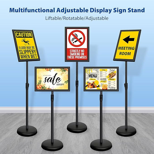 VAIIGO 6Packs 11x17 Inch Adjustable Pedestal Poster Sign Stand, Heavy Duty Floor Standing Sign Holder Stand Aluminum Snap Open Frame for Vertical and Horizontal View Sign Displayed(Black)