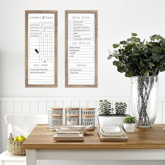 Sheffield Home Set of Two Family Planner Dry Erase Boards Featuring, Chore Chart, Shopping List, Weekly Meal Planner and Notes, 9x21 Inch, Natural