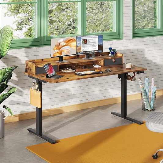 DEVAISE 55×28 Inch Electric Standing Desk with Drawers, Computer Desk with 3 Adjustable Height, Storage Shelf, Built-in USB Outlets and Memory Preset, Sit to Stand Desk for Home Office, Rustic Brown