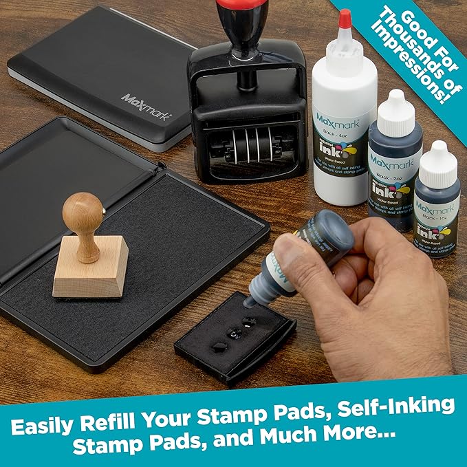 MaxMark Premium Refill Ink with Control Tip Bottle for Self-Inking Stamps, Black Color - 1 oz.