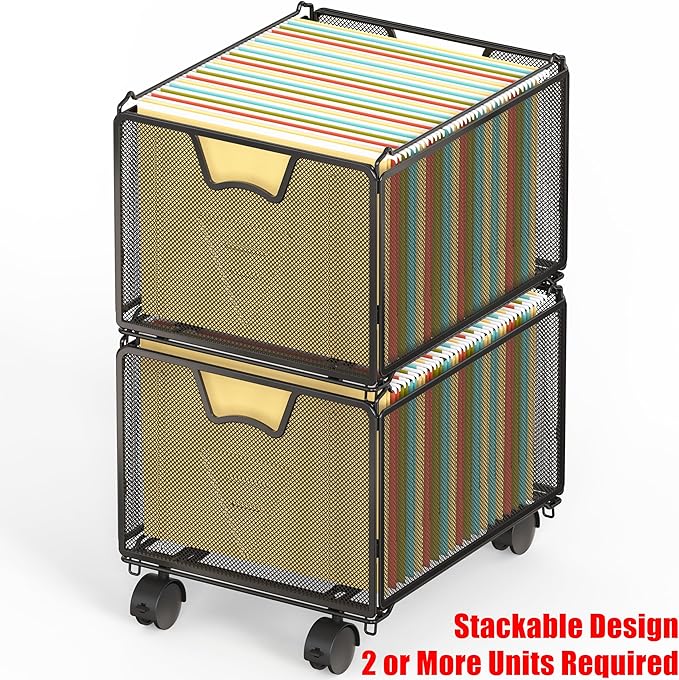 SIMPLE HOUSEWARE Stackable Mesh Hanging File Folder Organizer with Wheels — Black