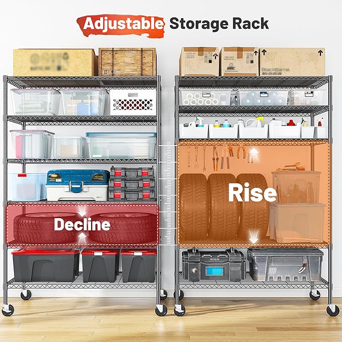 Romorgniz 82" H X45 W X18 D Storage Shelves with Wheels, 6 Tier Wire Shelving Adjustable Metal Shelving Pantry Shelves Capacity 1200LBS for Garage Shelving, Pantry, Kitchen, Closet, Commercial, Black